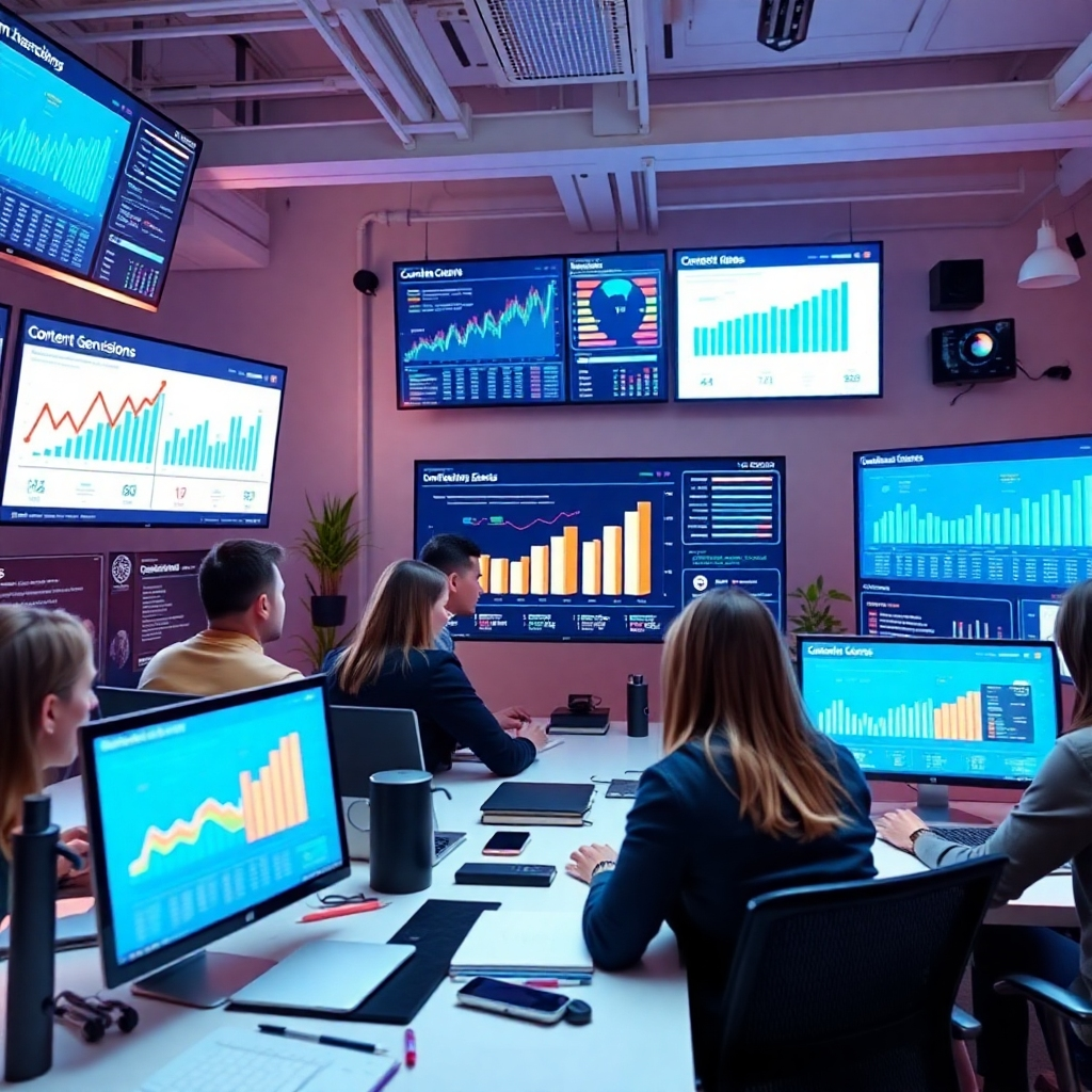 Visualize a busy marketing team surrounded by digital screens showcasing analytics and vibrant content ideas generated through AI. The lighting should be bright and focused on the screens, highlighting data-driven decisions. A clutter-free environment signifies creativity without distractions, with props like notebooks and tech gadgets. The camera angle should be at eye level to immerse the viewer in the action. Aim for a crisp, clear texture on the screens and a collaborative atmosphere. High quality with contemporary office elements.