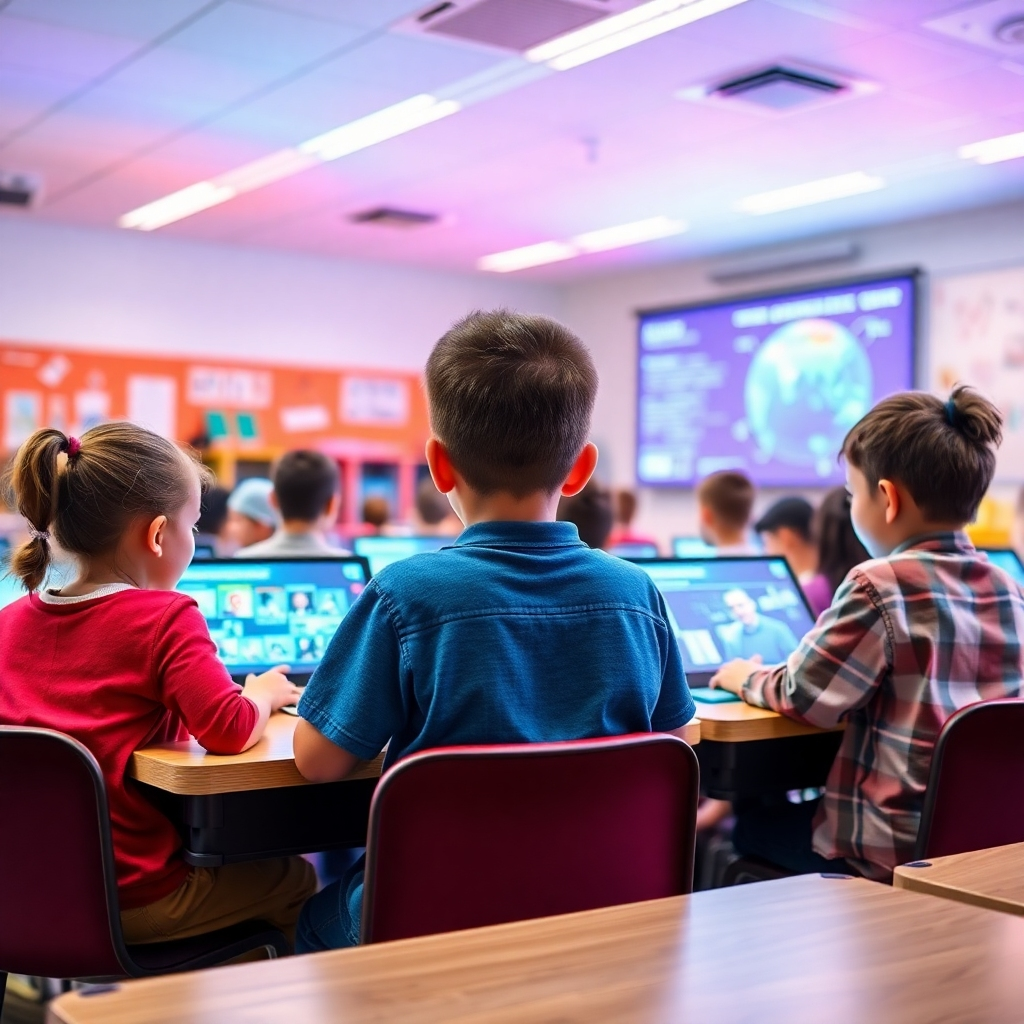 Visualize a classroom of the future, integrating AI learning tools that adapt to diverse learning styles. Include students of varying ages engaged with interactive screens, showcasing personalized content. The atmosphere should be vibrant, with dynamic lighting that shifts to represent different aspects of learning. The camera angle should portray an inclusive and engaging environment, capturing the textures of modern educational tools and student enthusiasm. High-quality, 150-200 words.