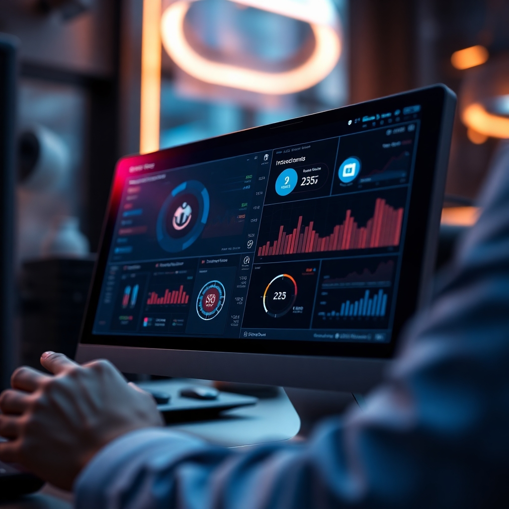 Visualize a close-up of a sophisticated AI feature interface on the Go Beaver Suite, highlighting unique, user-friendly functionalities. Focus on showcasing a portion of the screen with engaging data visualizations, illuminated by ambient lighting. The environment should reflect a high-tech workspace with futuristic elements. Utilize a sleek color palette with dark and metallic accents. The perspective should be slightly angled, drawing the viewer in and emphasizing interaction, rendered in a photorealistic manner with high detail and 8K quality.