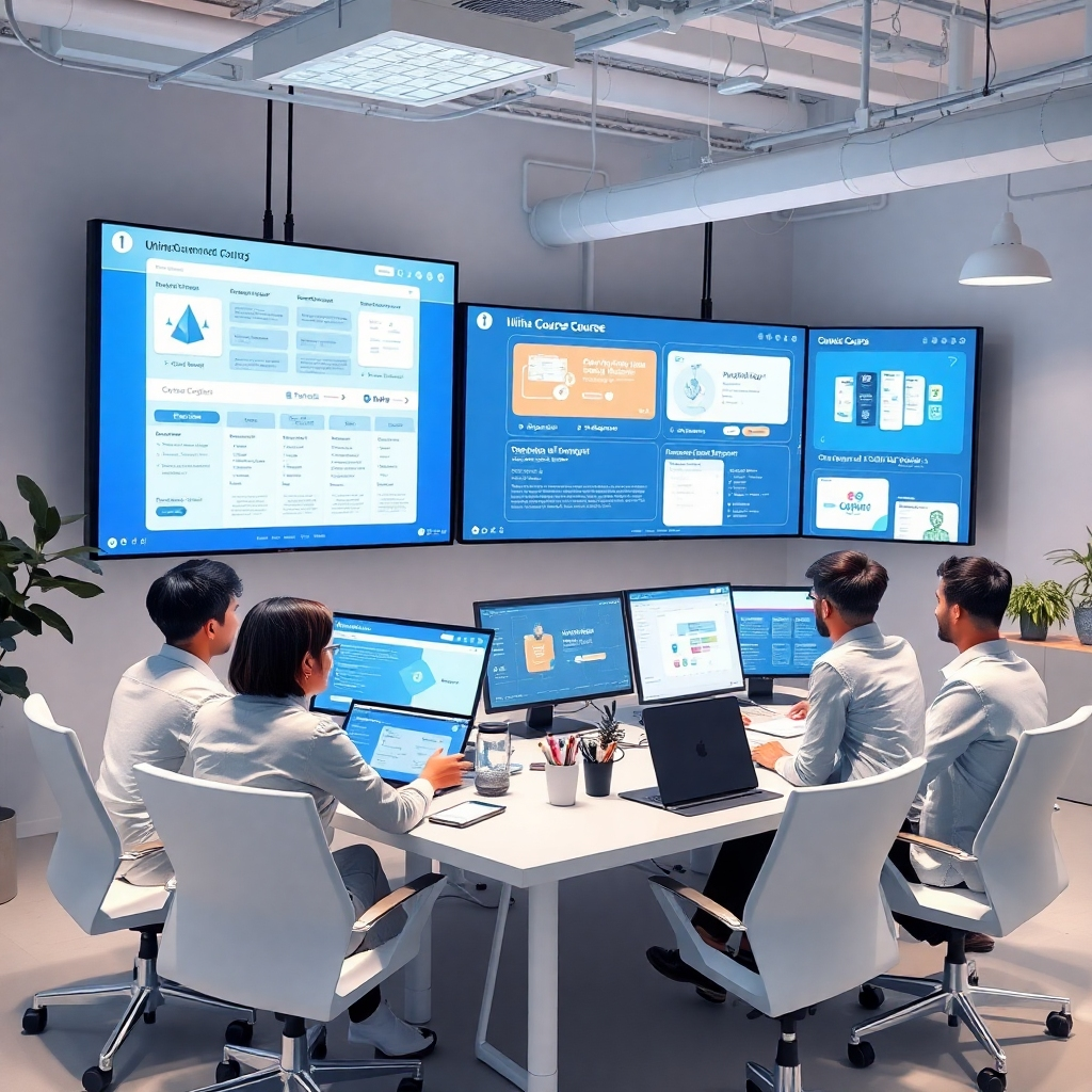 Visualize a collaborative workspace where a team is designing an online course using AI tools. Include large screens displaying course outlines and content creation processes. The color palette should be modern and tech-friendly, with white and blue tones promoting creativity. Capture this moment from a slightly elevated angle, focusing on teamwork and technological integration. High-quality, 150-200 words.