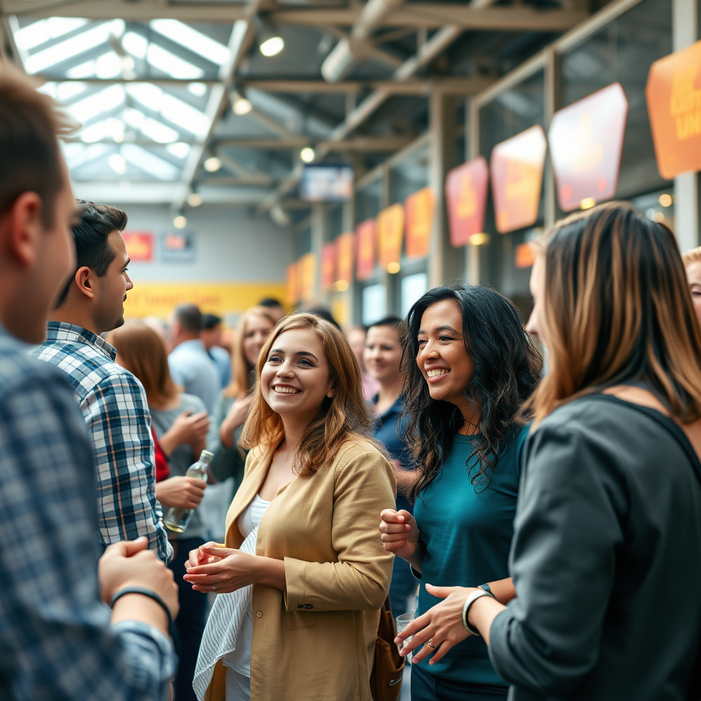 Visualize a community event where local businesses come together, supported by AI technologies. The ambiance should be energetic, filled with joyful interactions. Use bright, lively colors to represent community spirit. The camera angle highlights interactions, showcasing happy attendees engaging with local business representatives. Ensure a photorealistic style in 4K resolution.