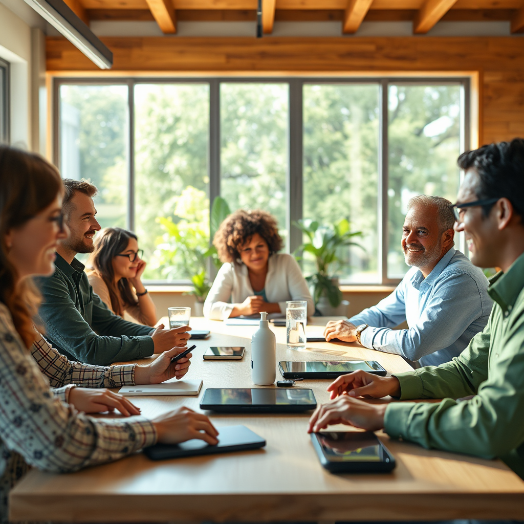 Visualize a community meeting where local business owners discuss AI integration. The image should be bright and inviting, with diverse participants engaged in conversation. The lighting is natural, enhancing the friendly atmosphere. Use a color palette that includes community colors—greens and blues. A mix of tech devices is present on the table. Capture this in a dynamic angle, emphasizing engagement in a 4K resolution.