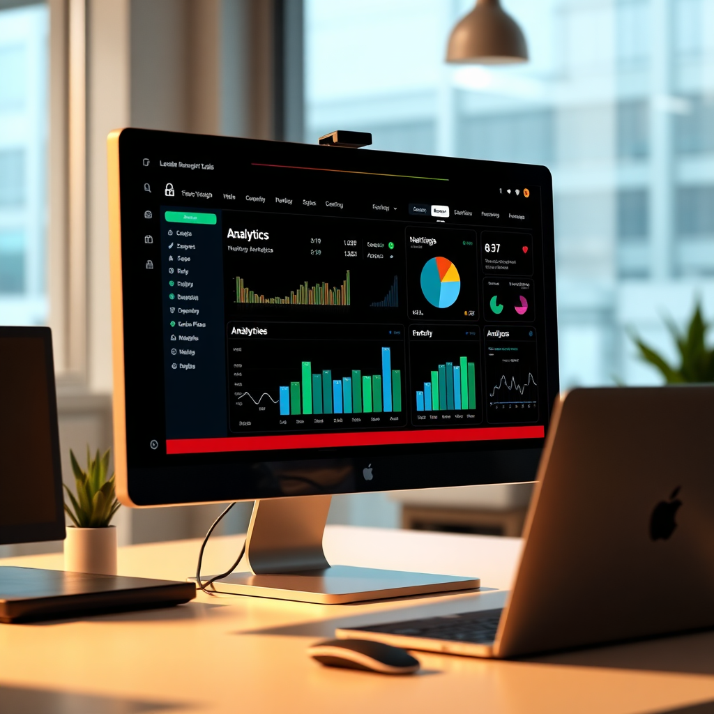 Visualize a computer screen showing LocalBizAI’s dashboard displaying analytics and marketing tools. The setting should be a modern workspace with a motivated entrepreneur focused on the screen. Incorporate details like vibrant graphs and user-friendly layouts to showcase innovation. Use flat-lighting to enhance the clarity of the interface while maintaining a warm atmosphere. A high-quality image in 4K resolution should emphasize the modern tools available.