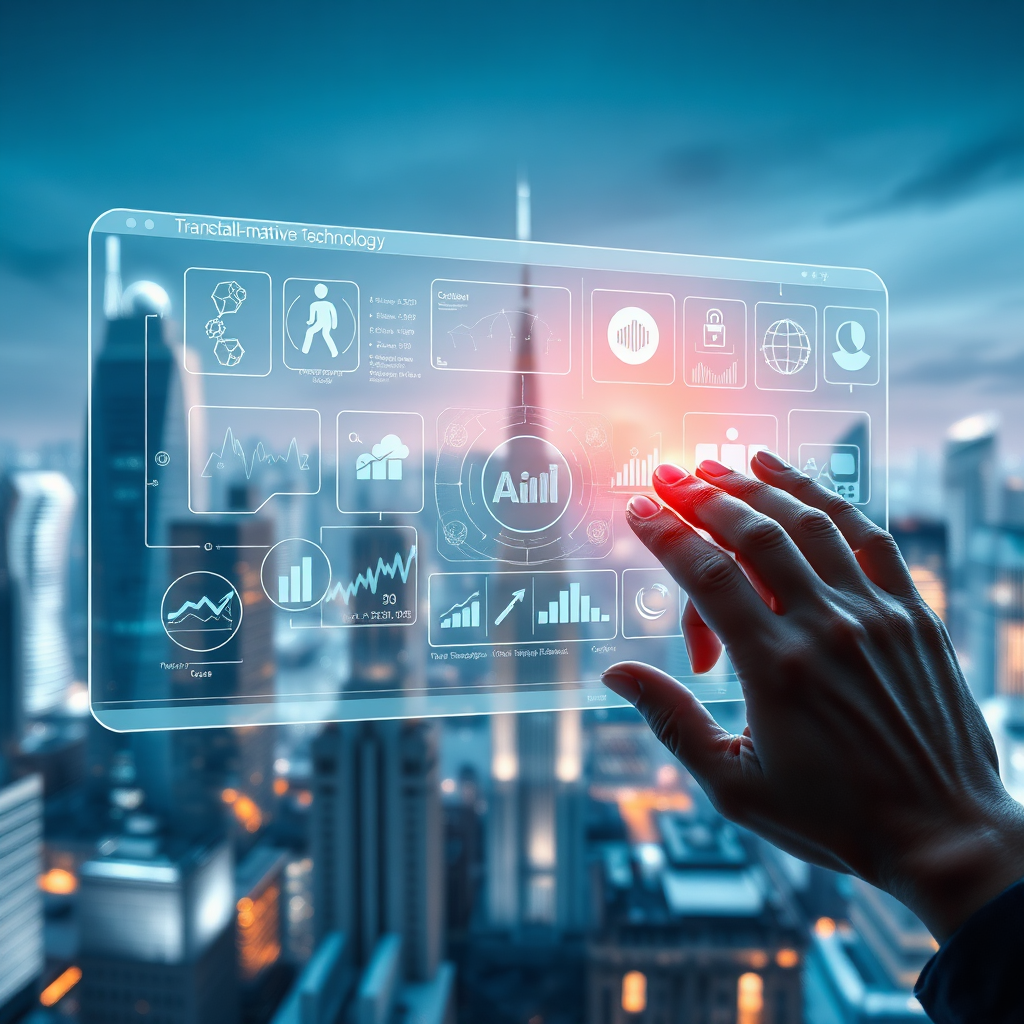 Visualize a concept of transformative technology where a sophisticated user interface showcases a myriad of digital tools and analytics. The background should portray a futuristic cityscape, symbolizing advanced technology. Utilize a sleek, modern aesthetic with a cool color palette predominantly featuring blues and silvers. The camera should focus closely on the user interacting with this transformative technology, creating a sense of awe and innovation. Ensure this visual is high quality and photorealistic.