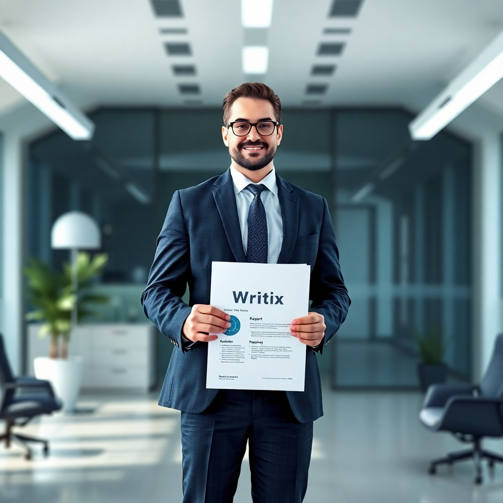 Visualize a confident business leader holding a Writix report in a well-lit office. This figure stands tall, exuding assurance, with a modern aesthetic background. Incorporate elements that suggest support from AI technology, using cool tones and sharp contrasts for depth.