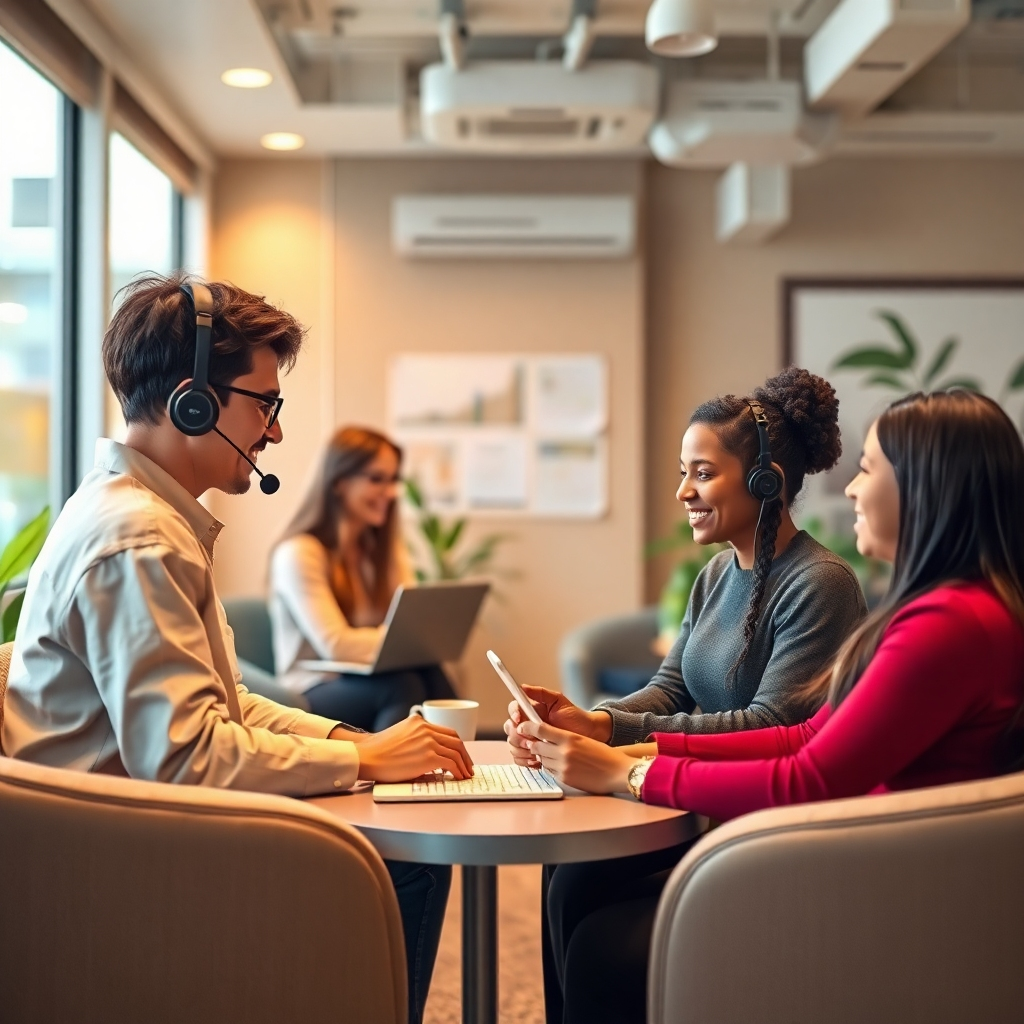 Visualize a cozy support center environment where individuals are receiving assistance for their online courses. The decor should reflect warmth and friendliness, with comfortable seating and digital aids. Use soft, warm lighting to create an inviting atmosphere. Highlight diverse support staff actively engaging with individuals in need, focusing on their expressions of gratitude and satisfaction.