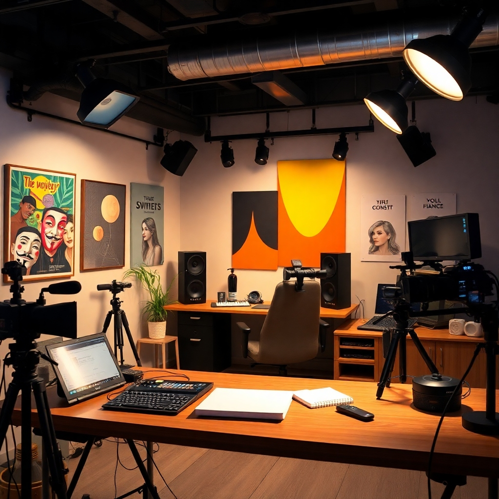 Visualize a creative studio where a producer is working with masks of anonymity, symbolizing privacy in content production. Show a stylish and modern workspace with colorful artwork and video tools. Utilize soft lighting to create a calming and secure environment, portraying the idea that creativity can thrive without personal exposure.