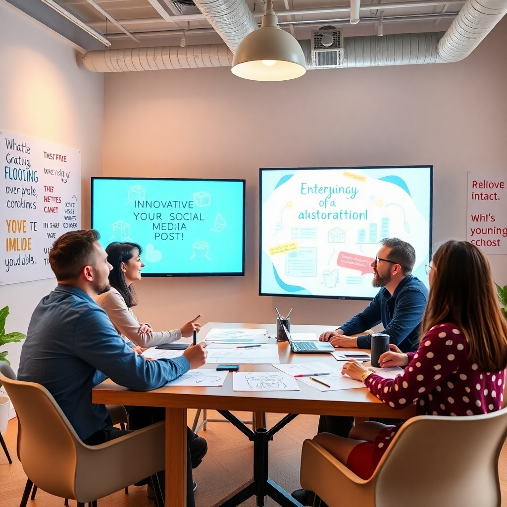 Visualize a creative workshop where a team brainstorms innovative social media posts with AI guidance displayed on a large screen. The room should be bright and filled with inspirational quotes on the walls. Capture the excitement in the team's expressions as they generate ideas with vibrant sketches and digital drafts around them. The lighting should be bright, conveying a sense of creativity and collaboration. Aim for a photorealistic look that encapsulates the thrill of brainstorming viral content.