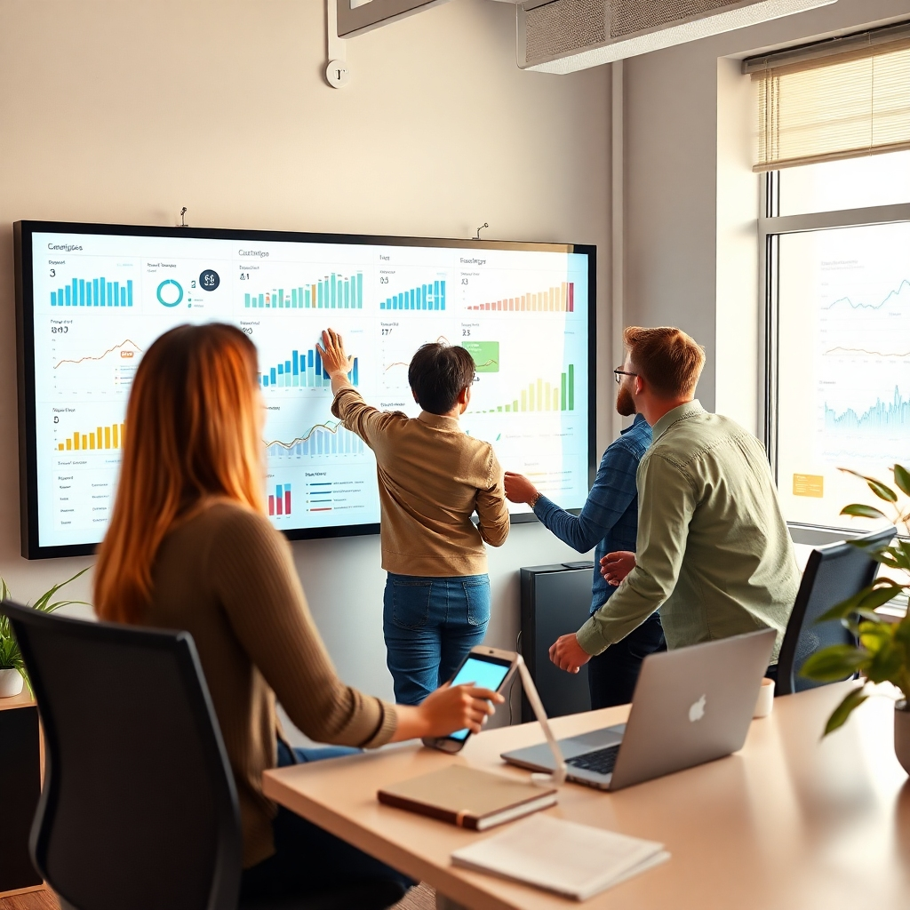 Visualize a creative workspace showcasing a team navigating through content development on a smart board filled with real-time data analytics. Highlight their enthusiasm as they connect trending topics with their strategies. Use a palette of fresh and inviting colors, with effective lighting showcasing transparent screens. The composition should evoke a tech-friendly atmosphere, detailed enough to deliver a sense of excitement around content creation, and depicted in high quality.