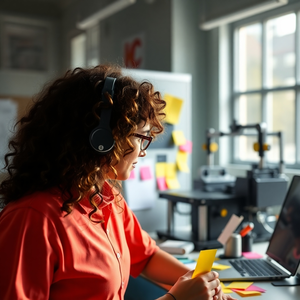 Visualize a creator brainstorming with sticky notes while an automated production system operates in the background. Bright and organized workspace elements should represent creativity, enhanced by soft natural light streaming through a window. The image should signify a clear division between creative thought and automated execution.