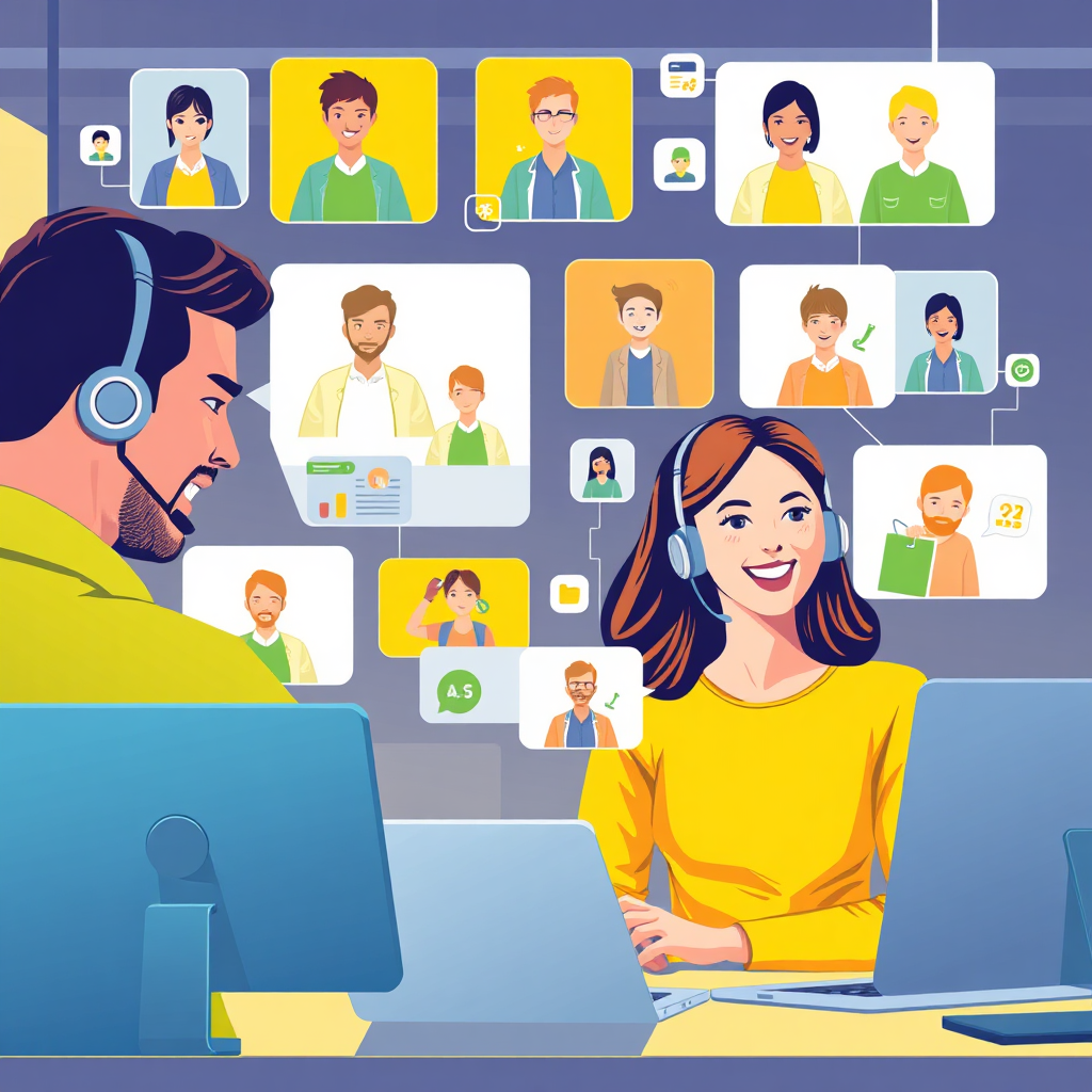 Visualize a customer service team engaging with clients via multiple digital channels. The setting should be vibrant and dynamic, showcasing diverse communication tools and happy clients. Use bright colors such as yellows and greens to reflect enthusiasm. Capture the scene from a slightly elevated angle to include both service representatives and their digital interfaces, ensuring the image is photorealistic and engaging.