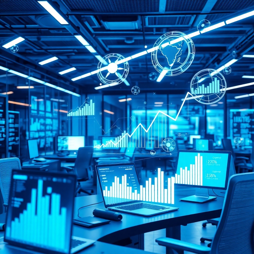 Visualize a cutting-edge, photorealistic image illustrating advanced AI algorithms at work, analyzing market data for businesses. The scene is set in a sleek, modern office filled with tech devices. Bright and dynamic lighting creates an engaging atmosphere, with colors like blue and silver portraying a futuristic feel. The composition should include detailed graphs and models floating around, symbolizing intelligent analytics. This image highlights the combination of technology and marketing.