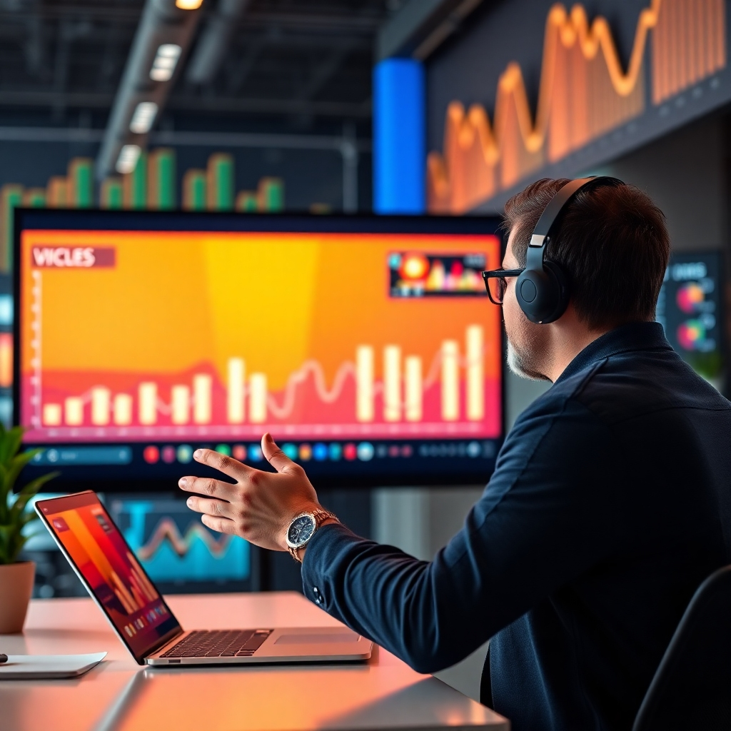 Visualize a digital marketing strategist reviewing video metrics on a large screen. The environment should be adorned with success graphs and video previews in the background, symbolizing a data-driven approach. Bright colors should be employed to suggest optimism and potential, designed from a mid-range angle to encapsulate the intensity of marketing efforts.