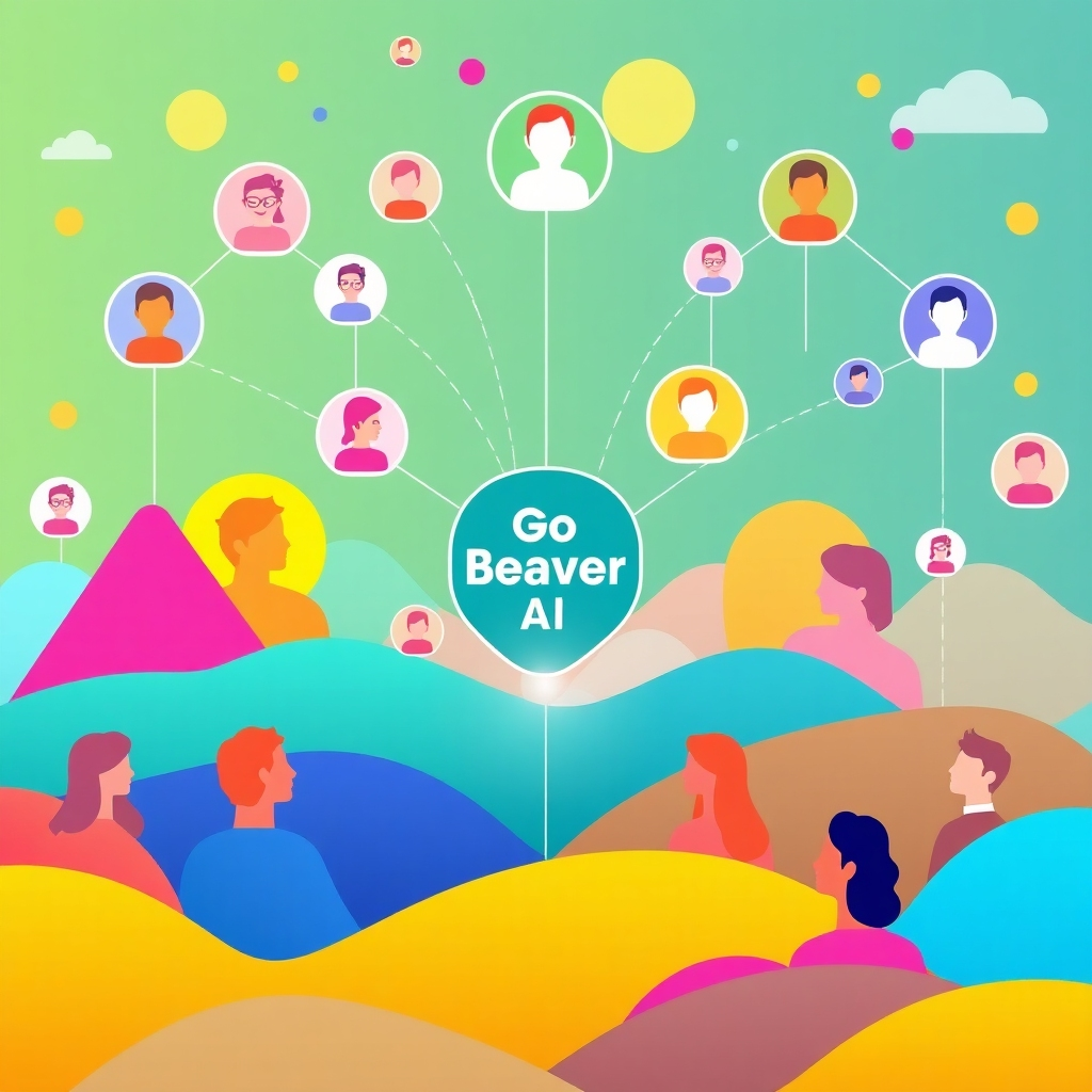 Visualize a digital marketing landscape where various audience profiles appear connected by abstract lines to a central point labeled 'Go Beaver AI'. The image should feature bright colors and dynamic shapes to represent diverse audiences and endless possibilities. Use a multilayered composition that gives the impression of depth and interaction, capturing the essence of expansion through intelligent targeting.