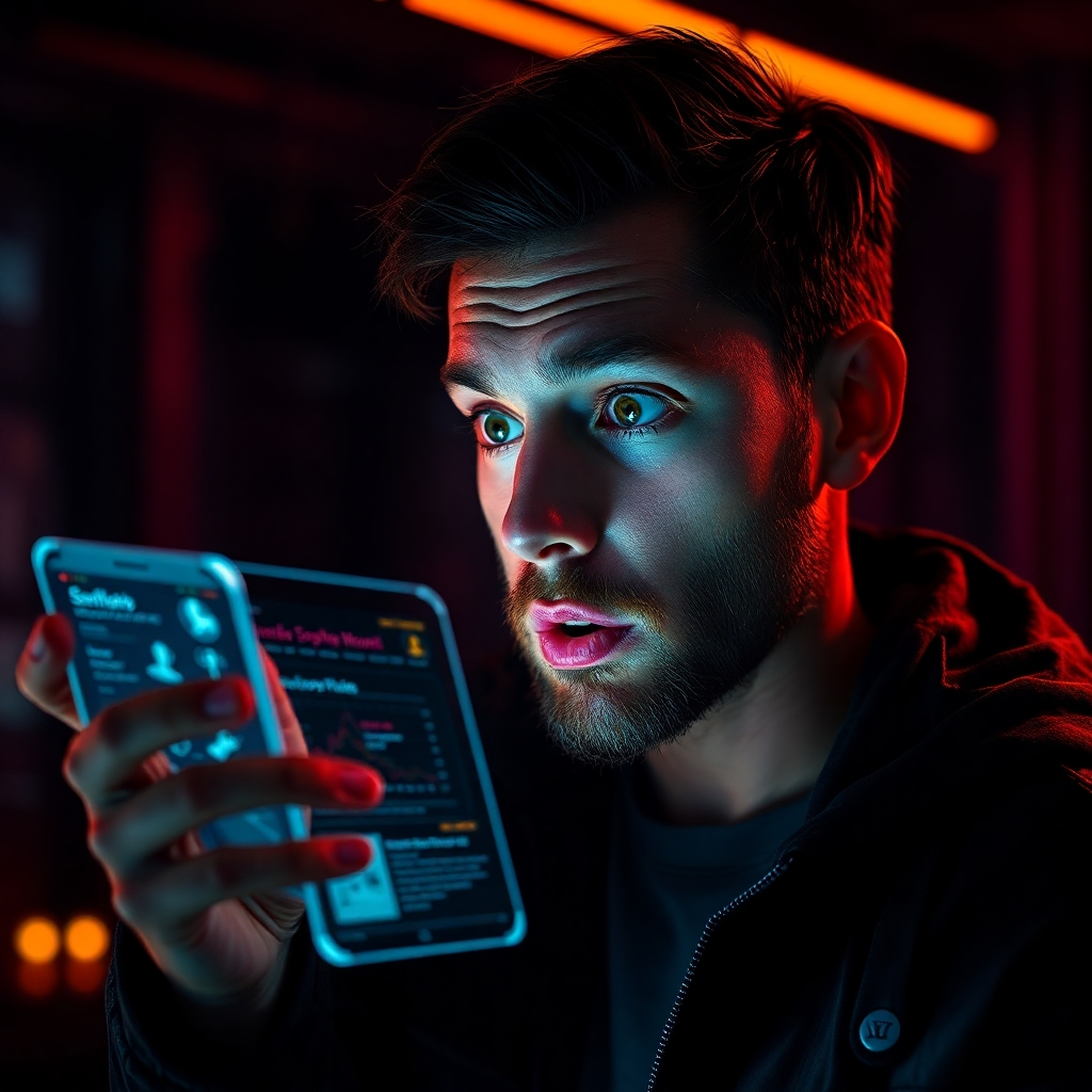 Visualize a dramatic scene where a user discovers the SocialTale platform with an augmented reality interface, presenting insights about post engagement. Utilize a dark theme with neon accents that highlight the user interface. The lighting should accentuate the futuristic technology with a focus on the surprised expression of the user. Textures should include sleek metal and glass to suggest advancement. Aim for a hyperrealistic quality, showcasing the intrigue and informativeness of the experience.