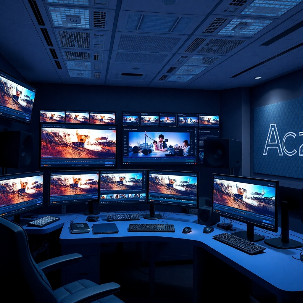 Visualize a dynamic environment where AI tools are editing videos in real-time, with screens displaying multi-layered editing timelines and effects. Soft technical lighting enhances the workspace, and a color palette of deep blues and bright whites conveys professionalism. Style references: high-tech editing suite. 4K resolution, high quality.