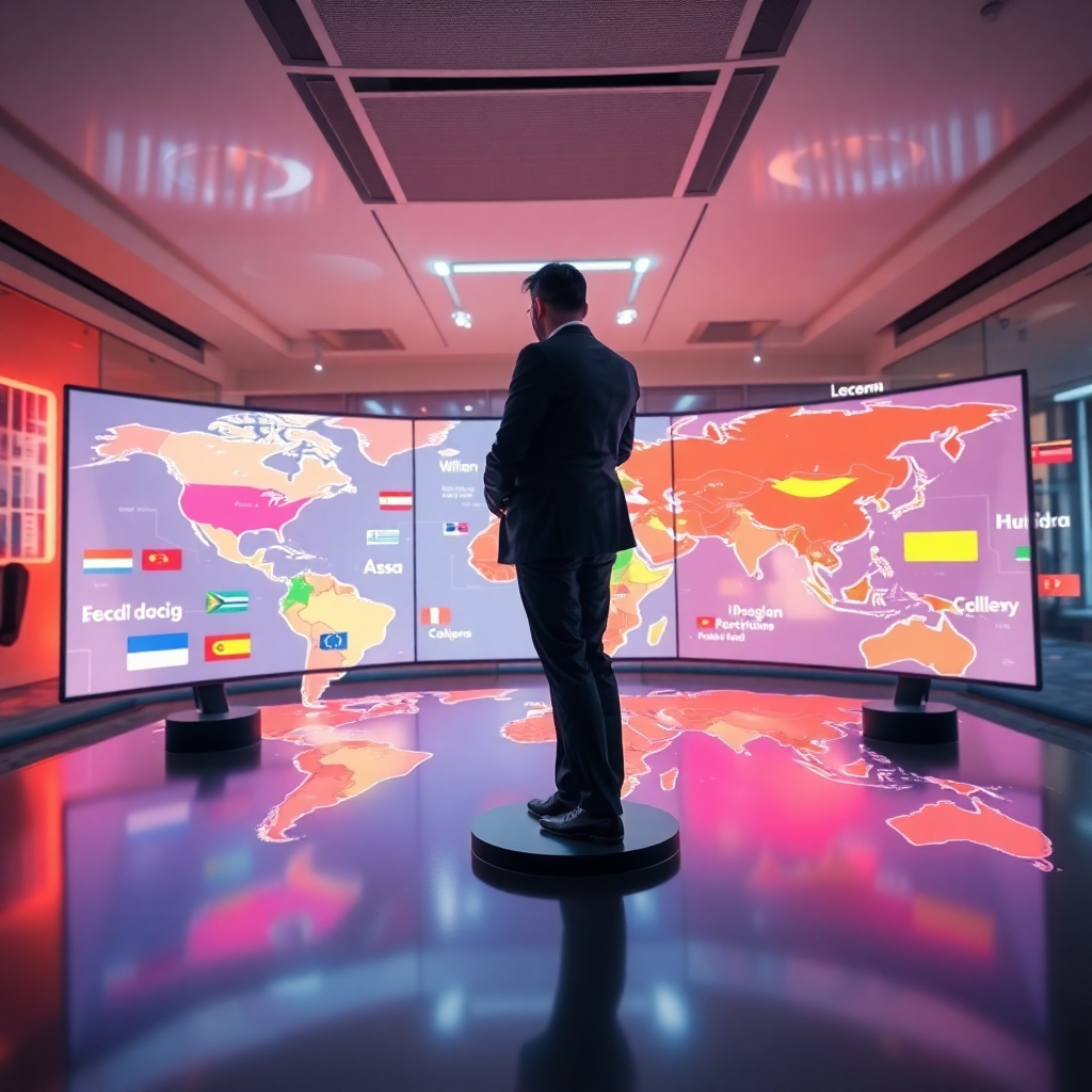 Visualize a dynamic scene of a business professional standing on a world map with multiple screens displaying various languages. Use bright colors to signify diversity, and include soft shadows for depth. The environment should convey a high-tech office space, with futuristic elements like holographic displays. The camera angle should focus on the professional's interaction with the screens, representing engagement and connectivity. Ensure the image is photorealistic with high clarity.