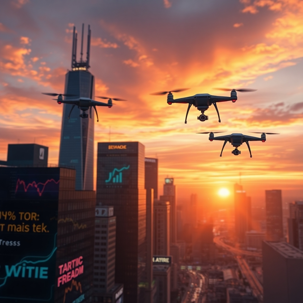 Visualize a futuristic city skyline enveloped in vibrant digital ads and data streams flowing seamlessly to represent traffic freedom. The sky should be illuminated with a sunset palette of oranges and purples, creating an inspiring atmosphere. Include flying drones capturing real-time analytics above the city, emphasizing automation. The composition should be wide-angle, showcasing both the digital aspects and urban environment, with hyperrealistic textures on the buildings. The image should be photorealistic and high quality to resonate with the content theme.