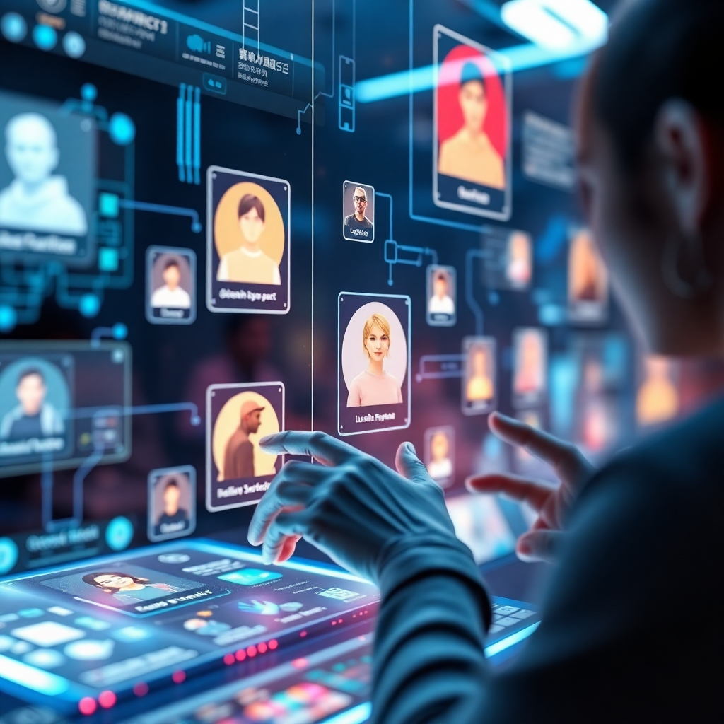 Visualize a futuristic interface demonstrating personalized content recommendations based on user data. The image should feature an interactive holographic display with various user profiles, showcasing personalized feeds surrounded by vibrant graphics. Use cool colors like silver and blue with glowing effects to give a techy feel. Capture the scene from a close-up angle emphasizing the engagement aspect, where users interact with the holographic interface. The goal is to create a high-quality, stylized image that emphasizes personalization through AI.