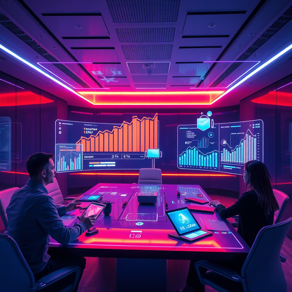 Visualize a futuristic planning session with holographic displays showing projections of future growth and strategy. The environment should be sleek and technologically advanced, with dim ambient lighting focused on the displays. Utilize a color palette with neon accents to create a sense of innovation. Include props like VR devices and tablets to enhance the futuristic context. A slight upward camera angle will emphasize the innovations presented, and aim for high-quality, photorealistic details.