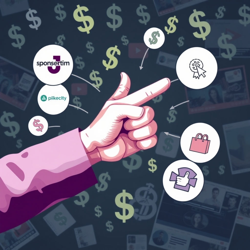 Visualize a guiding hand pointing towards various monetization paths like sponsorships, ads, and merchandise sales. The background should be filled with dollar signs and video-related imagery, showcasing the diverse ways to earn through creativity. The overall feel should inspire confidence and ambition.