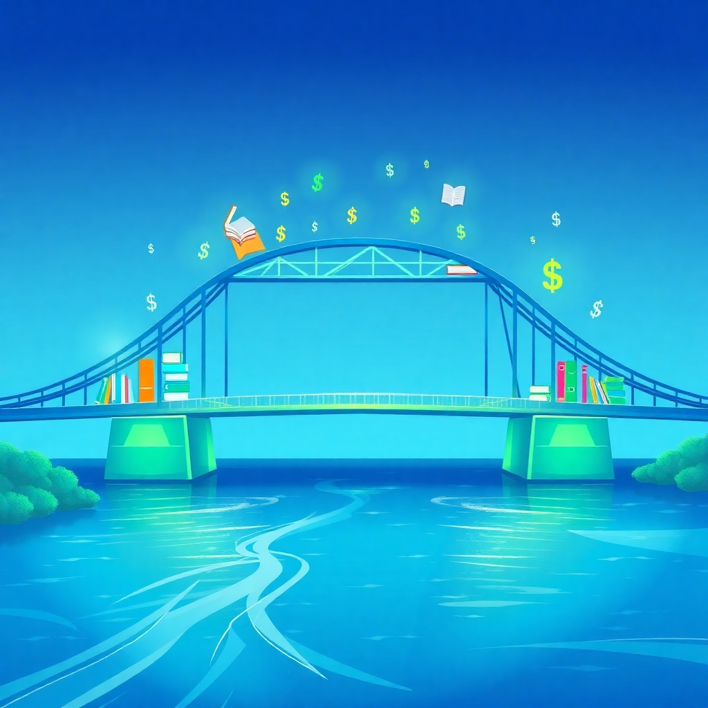 Visualize a high-quality image depicting a bridge metaphorically connecting knowledge to income. The bridge should be stylishly designed over a river, with symbols like books and dollar signs integrated into the structure. Use a vibrant, bright color palette accentuating blues and greens to create a positive energy. The atmosphere should be one of achievement and potential, focusing on the bridge as a pathway to success.