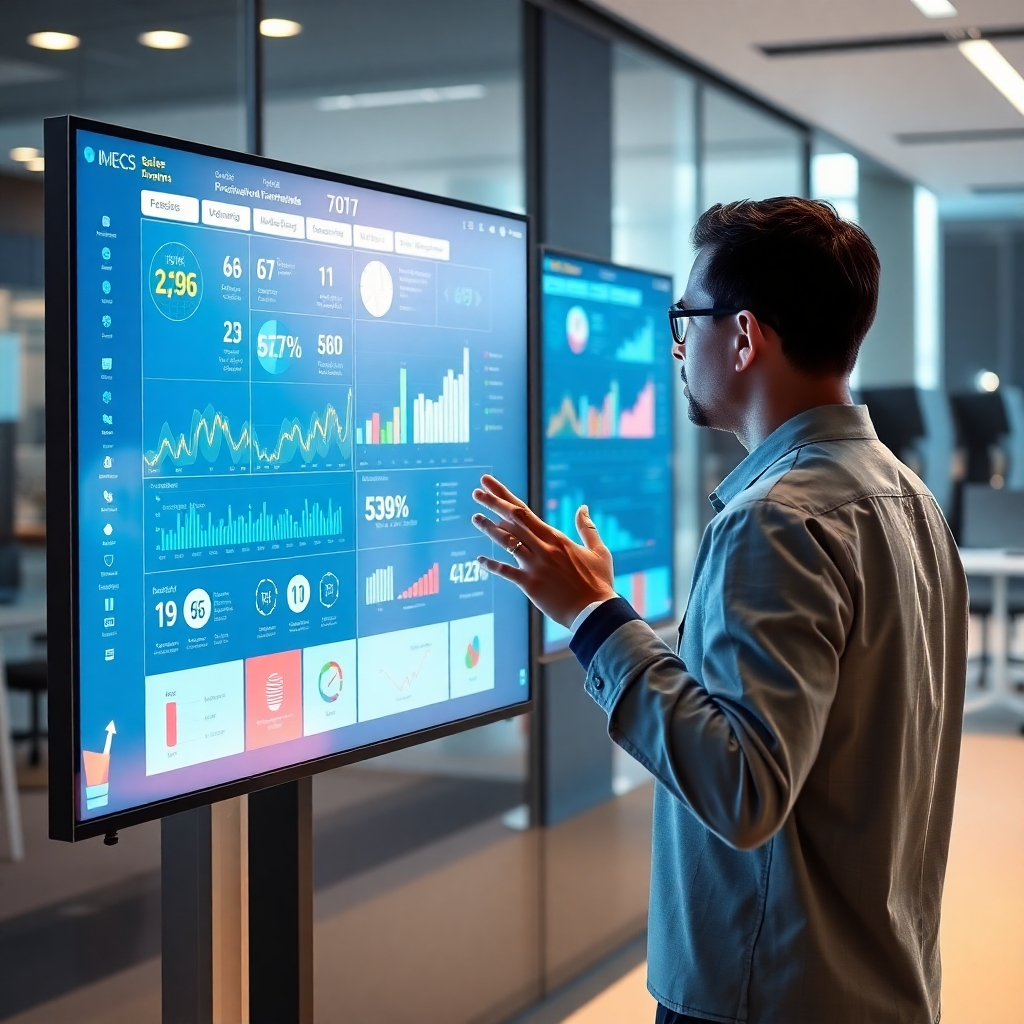 Visualize a high-quality image displaying a user engaging with a sleek digital interface filled with graphics and tools for sales enhancement. The screen should be bright and colorful, displaying metrics and interactive elements. Use soft shadows and reflections to give depth and a cutting-edge feel, set in a modern office to emphasize the digital experience.