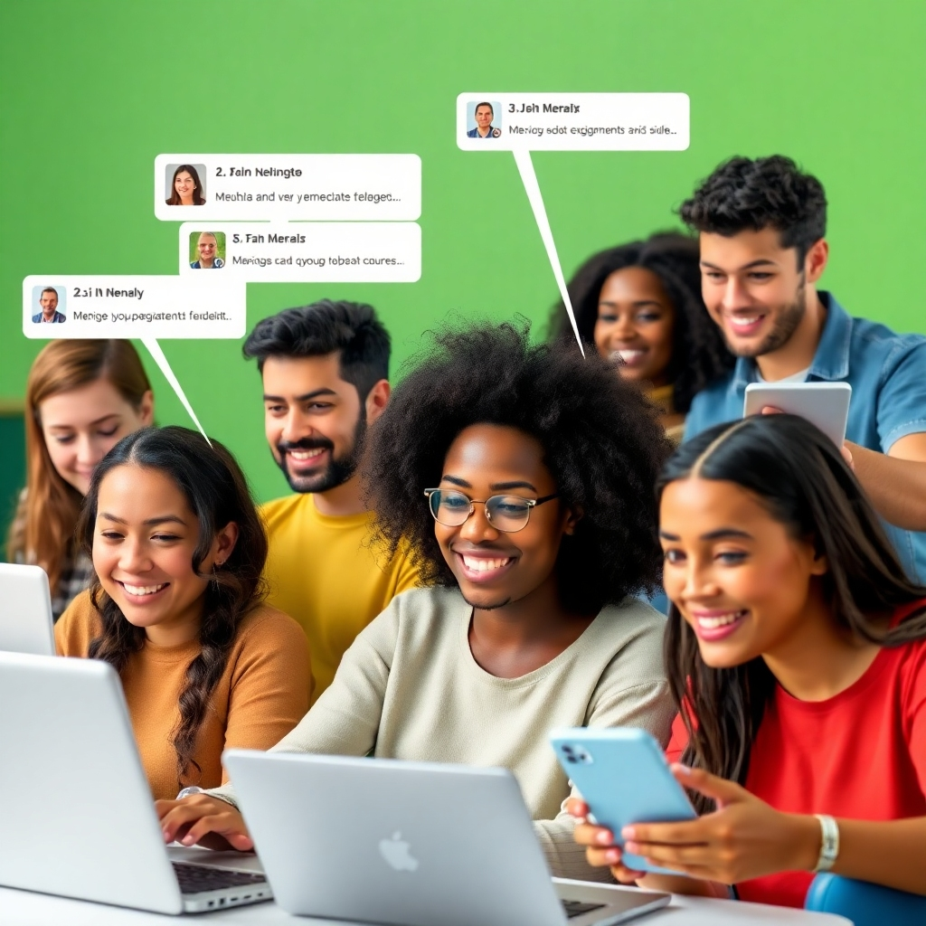 Visualize a high-quality image of a diverse group of learners participating actively in an online course, showcasing engagement through comments and chat interactions. The setting should incorporate various devices, emphasizing digital learning. The color scheme should be bright and inviting, with greens and blues dominating the scene. Capture the essence of lively and interactive learning through facial expressions and gestures of the participants.