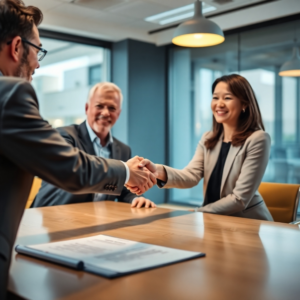 Visualize a high-quality image portraying a client shaking hands with a consultant in a well-lit office. The focus should be on their confident expressions, indicating trust and satisfaction. Use warm light to create an inviting atmosphere. Add subtle props like a contract or agreement on the table, emphasizing professionalism and reliability in a corporate setting.