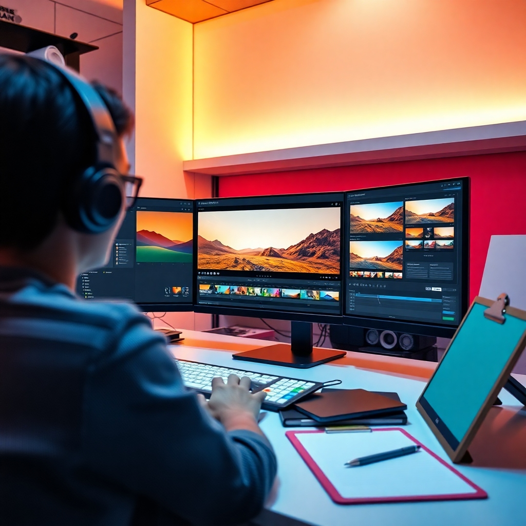 Visualize a high-tech editing suite equipped with AI tools and interfaces where users create stunning videos effortlessly. The scene should display screens with editing software in action, surrounded by creative elements like color palettes and clipboards. Utilize bright lighting to create an energetic and inspiring atmosphere, showcasing the AI's capabilities in a creative workspace.