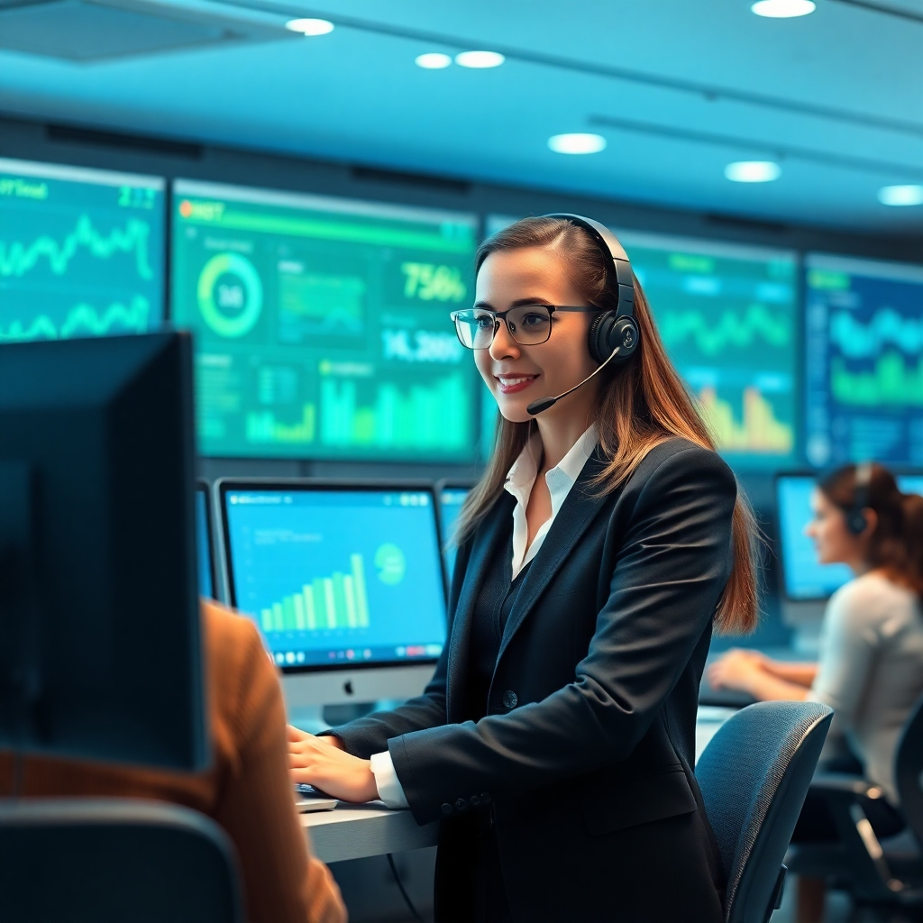 Visualize a lively customer service center where AI chatbots are interacting with clients in real-time. Highlight a professional representative guiding a chatbot system, surrounded by data analytics displayed on screens. Use a balanced color scheme of blue and green tones, with soft lighting to create a professional yet inviting atmosphere. This photorealistic concept should capture the excitement of modern technology in action.