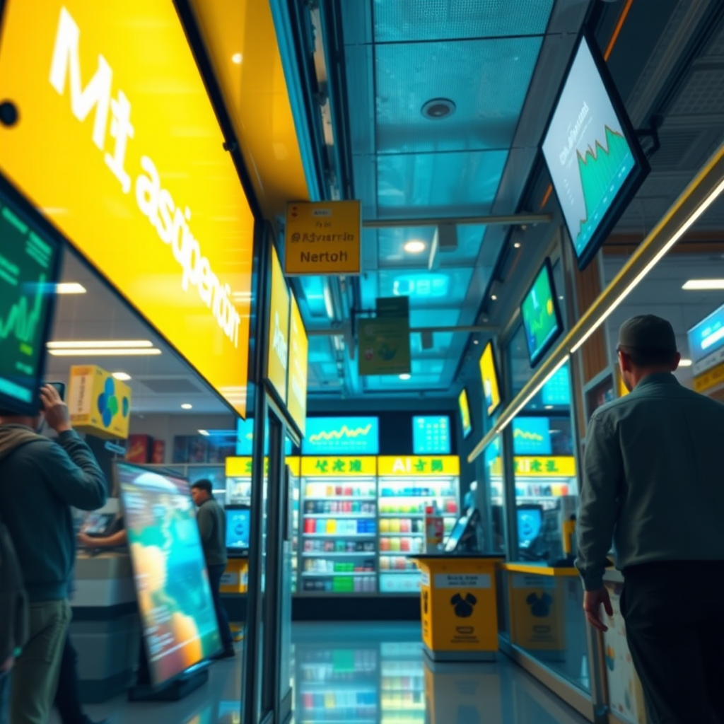 Visualize a local business's digital storefront being promoted through AI adverts. The atmosphere should be energetic, showcasing digital screens and analytics. Bright and dynamic lighting enhances the environment, filled with technology and potential. Use a vivid color palette of yellows and greens. The perspective is angled to emphasize the digital connection. Capture this scene in high-quality 4K resolution.