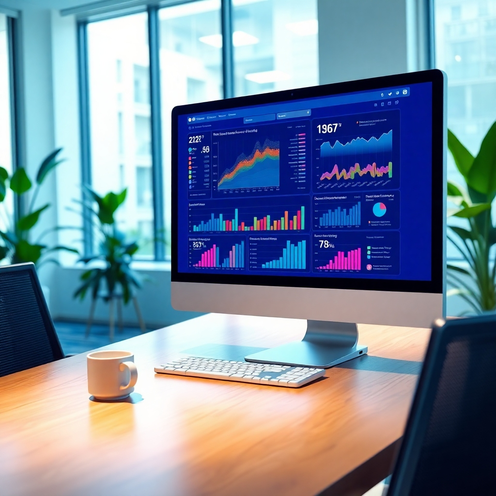 Visualize a modern office setting with a sleek workstation displaying a computer screen full of colorful graphs and AI tools being built instantly. Soft diffused lighting enhances the workspace atmosphere, creating a bright and inviting mood. The color palette includes shades of blue and white, symbolizing technology and innovation. The camera angle is a slightly elevated perspective, focusing on the screen while capturing the user's excitement and engagement. Textured details should include a clean desk made of polished wood with a stylish coffee cup beside the computer. The background features large windows with green plants, giving a vibrant and fresh feel. The image should be hyperrealistic, in 8K resolution, showcasing ultra-detail in every aspect of the scene.