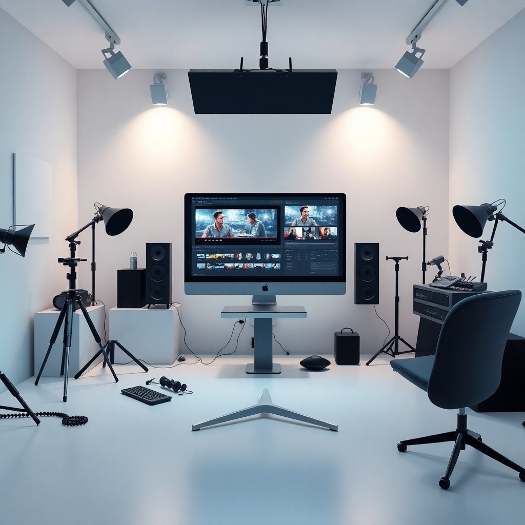 Visualize a modern studio setup where a computer performs video editing autonomously. The style should be sleek and organized with a calm color scheme using whites and blues. Include details of the automatic editing process on the screen amidst a backdrop of creative tools and props, enhancing the theme of efficiency and innovation. Soft, focused lighting will highlight the importance of advanced technology.