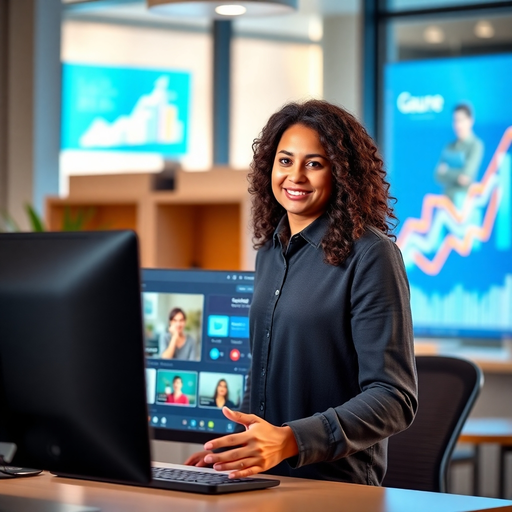 Visualize a photorealistic image of a confident individual presenting their online course to a vibrant virtual audience. The setting should feature a modern workspace, with a desktop in the foreground displaying engaging course content. The lighting should be bright and inspirational, highlighting the speaker's enthusiasm. Use a mix of blue and gold tones for a dynamic effect, capturing the energy of online learning. Incorporate elements like digital graphs and interactive learning tools in the background to represent growth and success.
