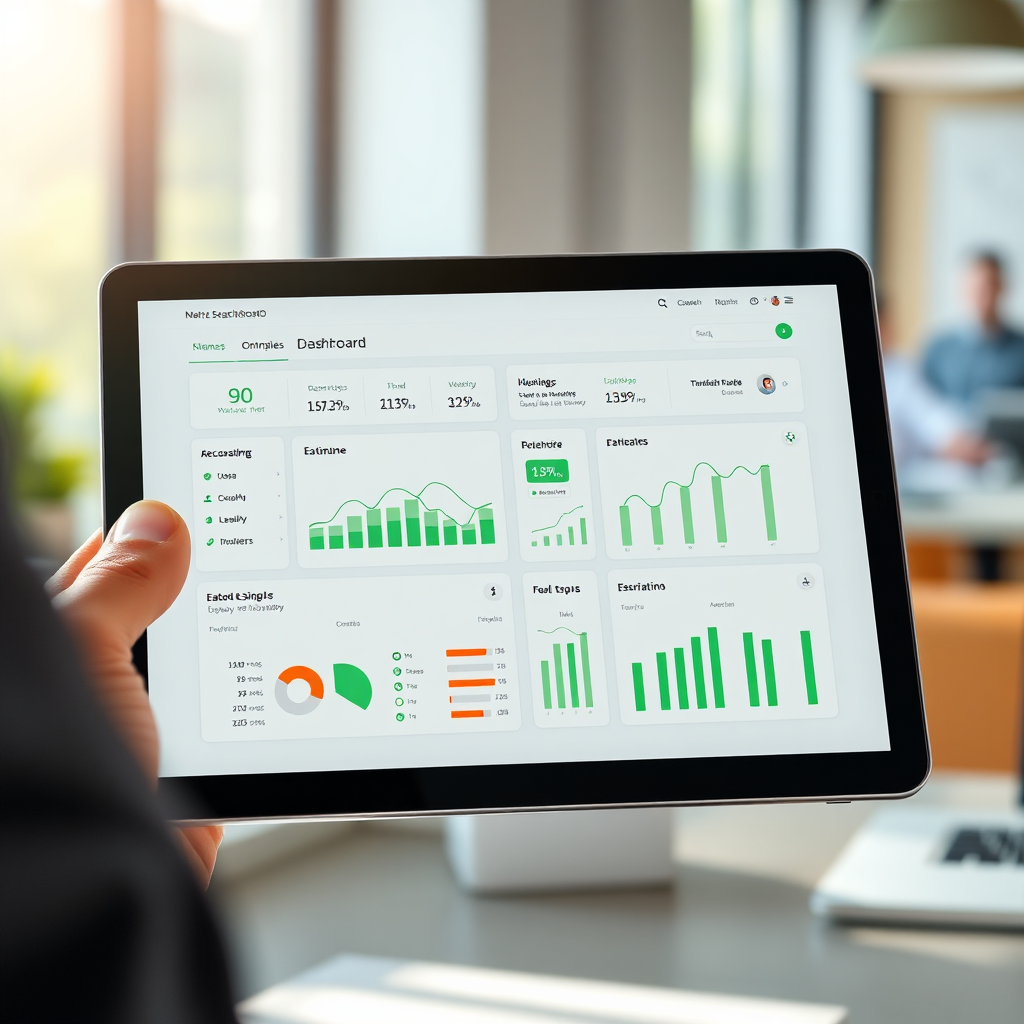 Visualize a responsive digital dashboard on a tablet being utilized by a professional in an office setting. Convey a harmonious workflow with natural lighting to give a sense of openness and clarity. Use a bright color scheme with greens and whites to symbolize growth and ease. Include elements like charts and notifications to highlight functionality. The camera angle should focus on the interaction between the user and the device, providing a textured look at digital interfaces. Aim for high-quality, photorealistic imagery.