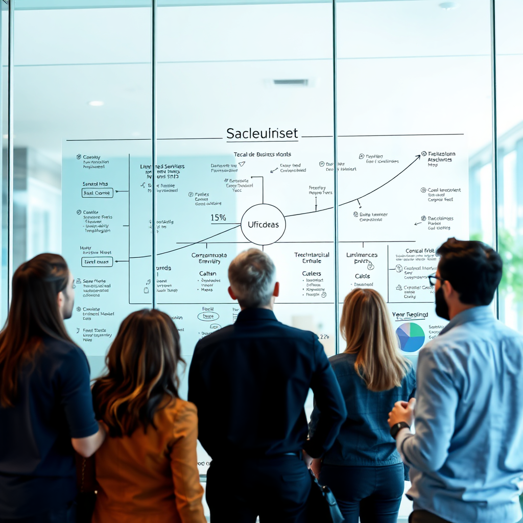 Visualize a scalable business model diagram on a glass wall with employees actively discussing in front of it. Include annotations and visual data representing growth and flexibility. The lighting should be bright and inviting. Use a mix of vibrant colors like blues and greens to indicate advancement and scalability. Capture the scene from a low angle to make the diagram the focal point while showcasing the team’s engagement. Ensure the image is high quality, photorealistic, and emphasized for professional narratives.