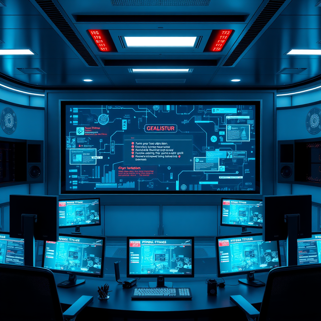 Visualize a scenario of cyber threat detection displayed on a large screen, with alerts popping up. Set the environment in a monitoring room with advanced technological features like multi-screen setups and glowing interfaces. Use a sleek, modern design with a cool color palette to evoke a high-tech feel, rendered in photorealistic quality.