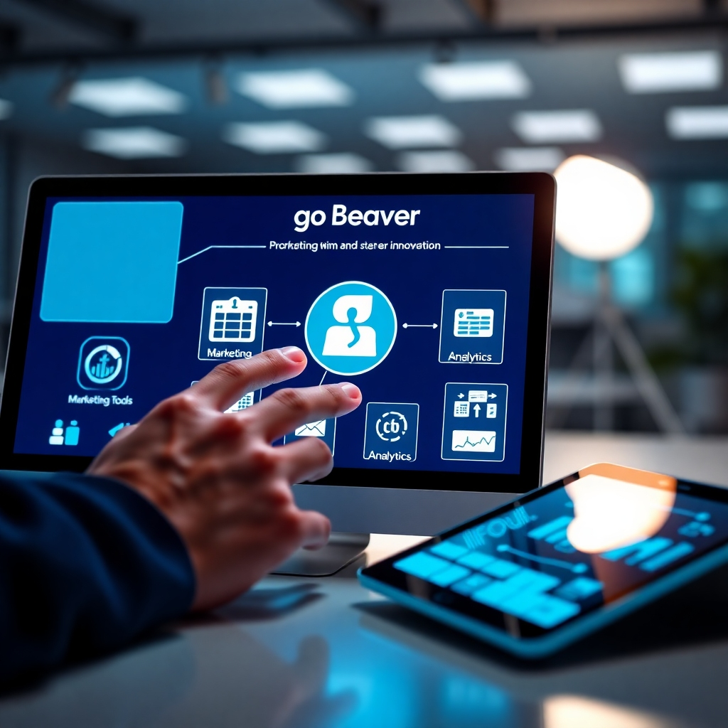 Visualize a sleek digital interface displaying the Go Beaver AI Suite, with users interacting confidently on various devices. The image should feature a close-up of hands tapping on a touchscreen, surrounded by icons representing marketing tools and analytics. The lighting is bright and modern, with a color palette of blues and greens reflecting innovation. The environment is minimalistic yet professional, conveying clarity in design. Capture this scene in a photorealistic manner with high attention to texture details, ensuring the final result looks ultra-high quality and engaging.