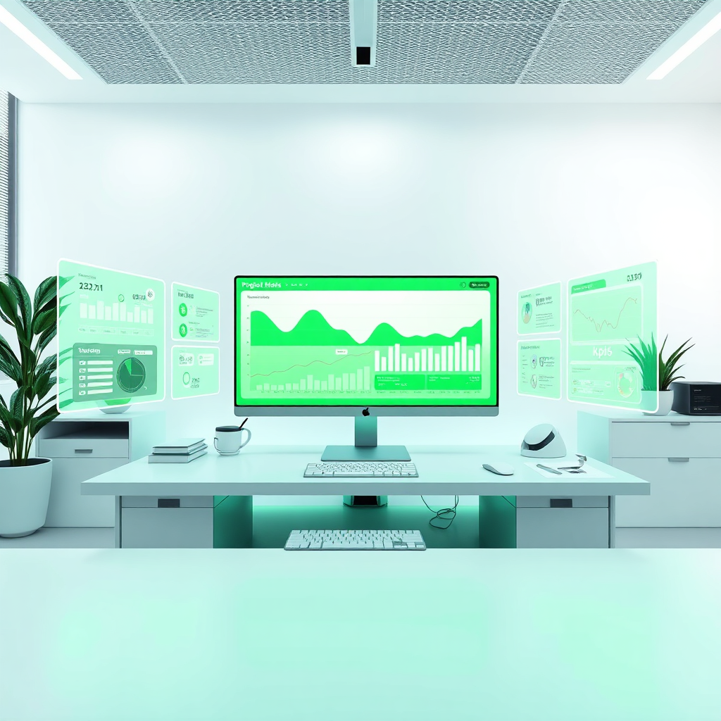 Visualize a streamlined workspace with digital tools displayed on a sleek desktop. Include holographic interfaces displaying project timelines and KPIs. The environment should be bright and minimalistic, emphasizing clarity and simplicity. Utilize a combination of greens and whites in the color scheme to reflect efficiency and productivity. The camera angle should capture the entire desk setup with a clear view of the digital elements and textures that show modern design. Aim for a high-quality, photorealistic feel.
