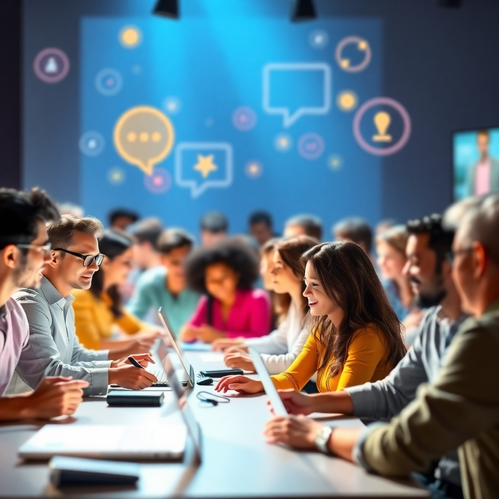 Visualize a stylized image of a community forum filled with diverse users interacting and sharing ideas online. The scene should evoke a sense of enthusiasm and collaboration, with bright digital elements representing communication and connection. Utilize light and color to convey an engaging environment where members share their experiences and tips.