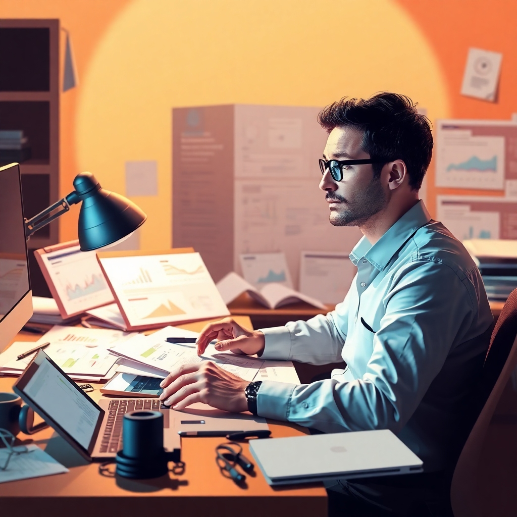 Visualize a stylized image of a marketer strategizing with AI tools. The scene should depict a desk cluttered with campaign notes and digital devices showing analytics. Bright, focused lighting highlights the central figure, who appears deep in thought. Use a warm color palette to create a feeling of inspiration and productivity. The image should convey a sense of movement, capturing the dynamic relationship between humans and AI in campaign management.