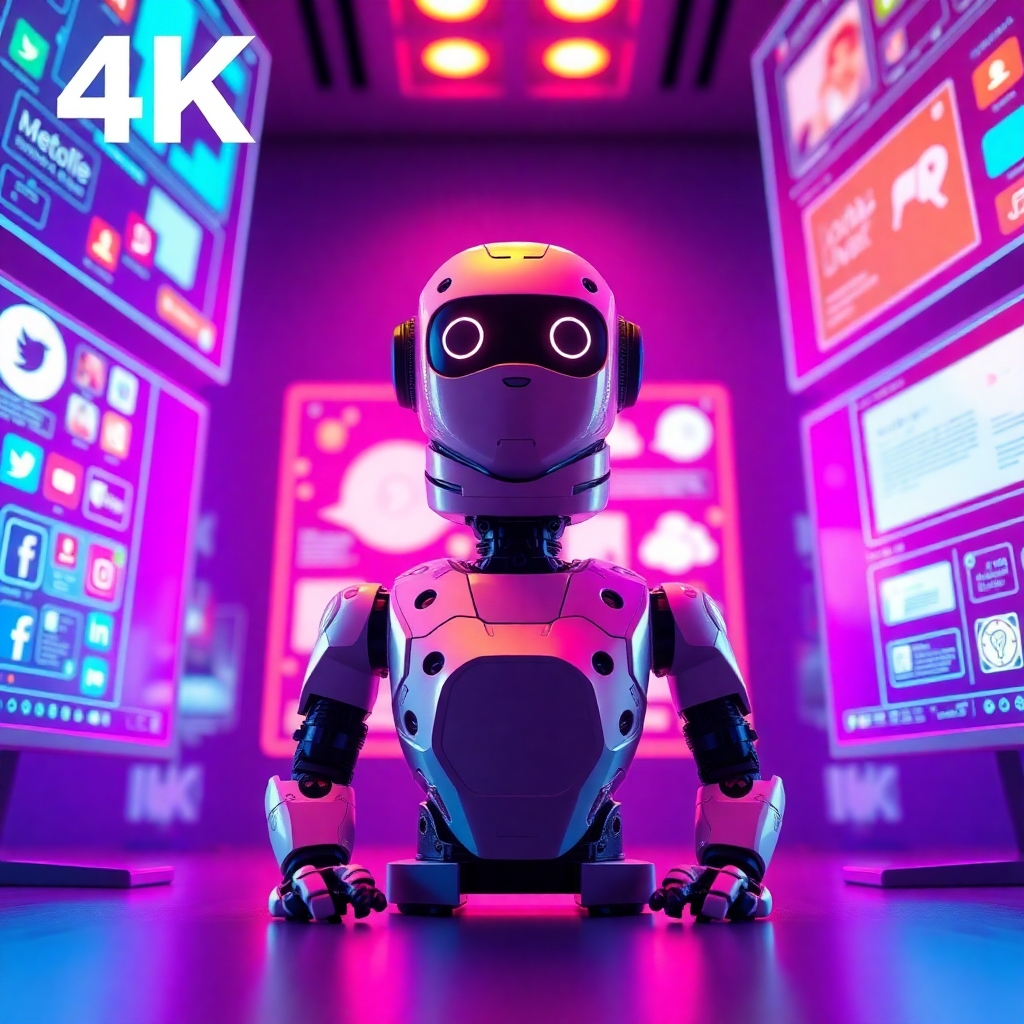 Visualize a stylized image representing the mission of AI Social Media Automation. The composition could feature a central AI robot, surrounded by digital screens illustrating various social media interfaces. The scene should utilize a vibrant color palette of purples and oranges, with soft, ambient lighting to evoke a sense of innovation. The camera angle should be slightly tilted to create a dynamic view, emphasizing the robot's role in transforming social media management. Textures of sleek metal and glowing interfaces should provide a modern feel. Aim for a high-quality image at 4K resolution.