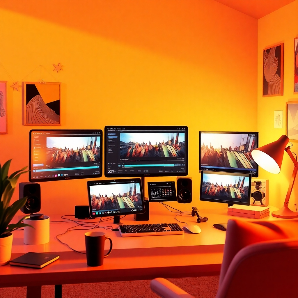 Visualize a stylized image showing automated video editing software in action. The composition should highlight a bright workspace with animated screens displaying progress bars and video timelines. Use a balanced warm color palette to convey energy and excitement, with soft lighting creating a comfortable atmosphere. Include decorative elements like digital boards and creative visuals around to evoke inspiration. The final render should be vivid and engaging.