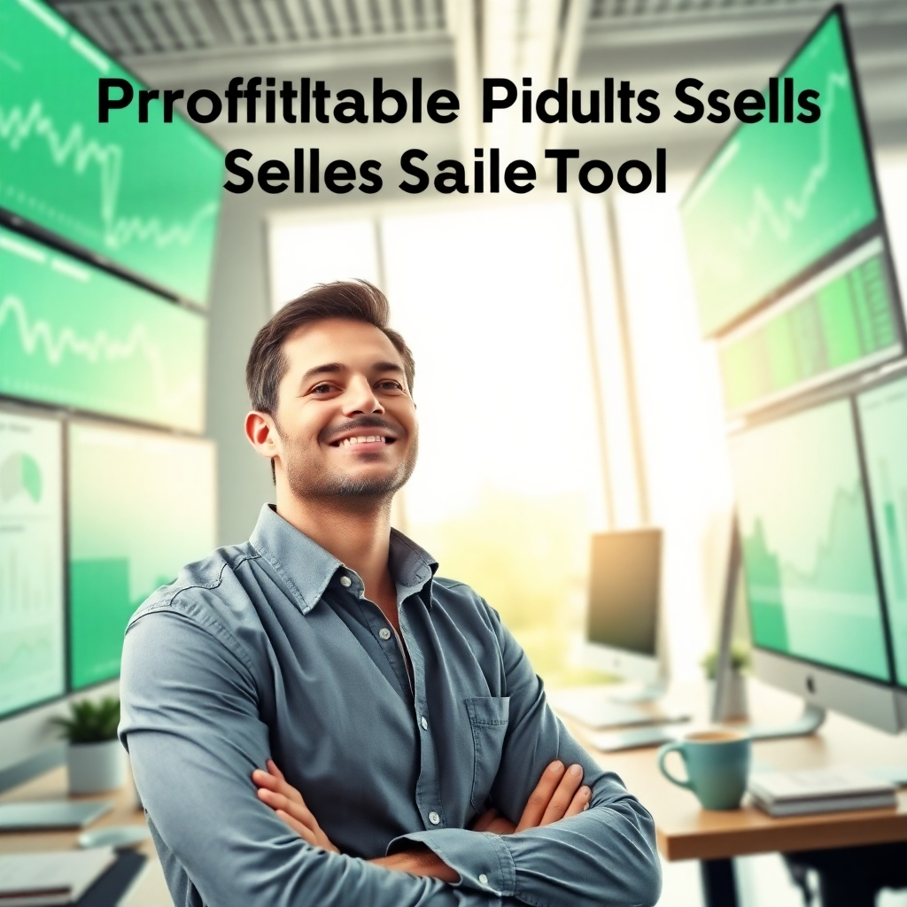 Visualize a stylized image that captures 'Profitable Digital Sales Tool-Profits Without Pain-Meet The Ultimate Selling Machine.' The design should feature a calm entrepreneur in a well-lit, modern office, surrounded by digital screens showcasing sales figures and trends. Use a soothing color palette with greens and whites to evoke clarity and innovation. The focus should be on the entrepreneur, radiating confidence and satisfaction. Include elements like a coffee cup and notepads to suggest a productive workspace. The camera angle should be slightly above eye level to instill a sense of achievement. Aim for high-quality productions in 4K resolution.