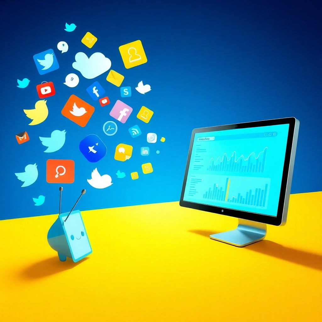 Visualize a stylized representation of social media posts evolving into search engine results. Include various social media icons at the left transitioning to a computer screen displaying analytics results on the right. The environment should be digital with sleek, modern graphics. Use a color palette of bright blues and yellows to signify energy. The camera angle should be dynamic, giving a sense of movement. This scene captures the essence of converting social buzz into impactful SEO, designed in high quality.