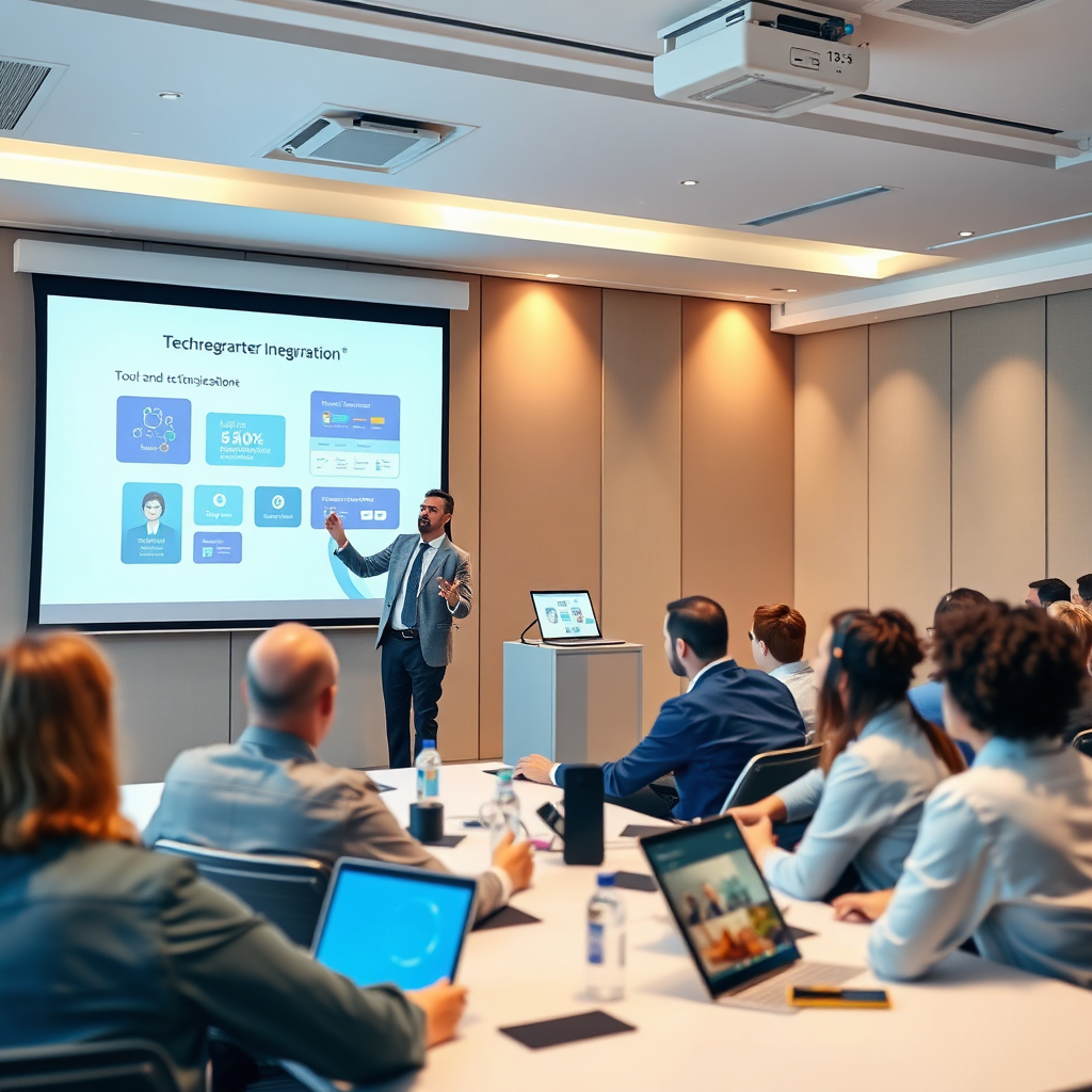 Visualize a technological integration demonstration taking place in a conference room, showing a professional highlighting tools and software on a large projection screen. Use bright, engaging lighting to convey excitement and innovation, with a color palette of vibrant blues and whites. Include a diverse group of attendees interacting with devices to symbolize collaboration. The image should be captured from a comfortable perspective that displays active discussion, aiming for photorealistic quality.