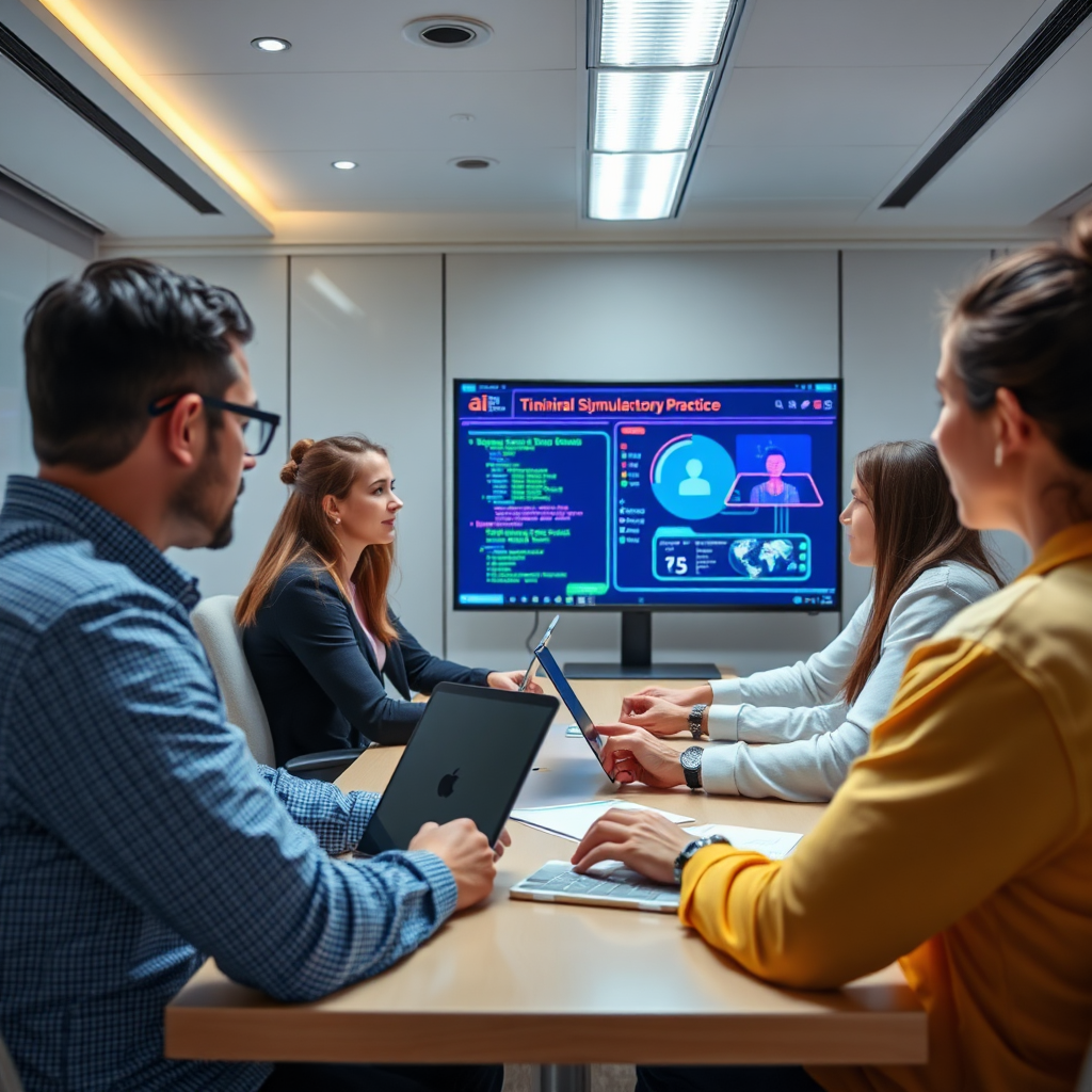 Visualize a training session with employees engaged in cybersecurity practices, guided by an AI assistant. The room should feature modern technology, with interactive displays showing simulation scenarios. The lighting should be bright and welcoming, indicating a positive learning environment. Aim for a photorealistic quality that emphasizes the interaction and engagement in the training.
