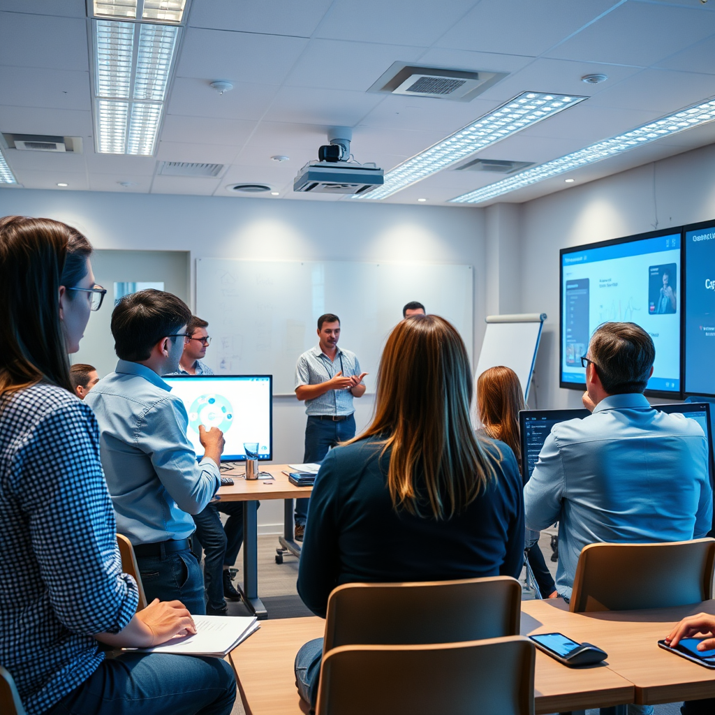 Visualize a training workshop where users are learning to utilize UgenticIQ. The environment should be bright and organized, reflecting an educational setting. Use dynamic lighting to create an energetic feel. The camera should capture interactions between trainers and participants, focusing on hands-on experiences with the software. Include elements like whiteboards and demonstration screens, assuring a professional, high-resolution image output.