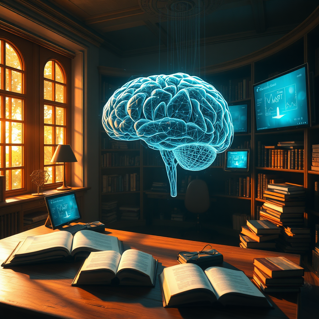 Visualize a tranquil study where a holographic version of a mind is being crafted, surrounded by books and digital screens. The atmosphere should feel warm and inviting, signifying wisdom and knowledge-sharing. Use golden light streaming through the windows, casting beautiful patterns across the workspace. The textures must be soft yet high quality, implying a blend of comfort and technology. Ensure a harmonious blend of classic and modern design elements.